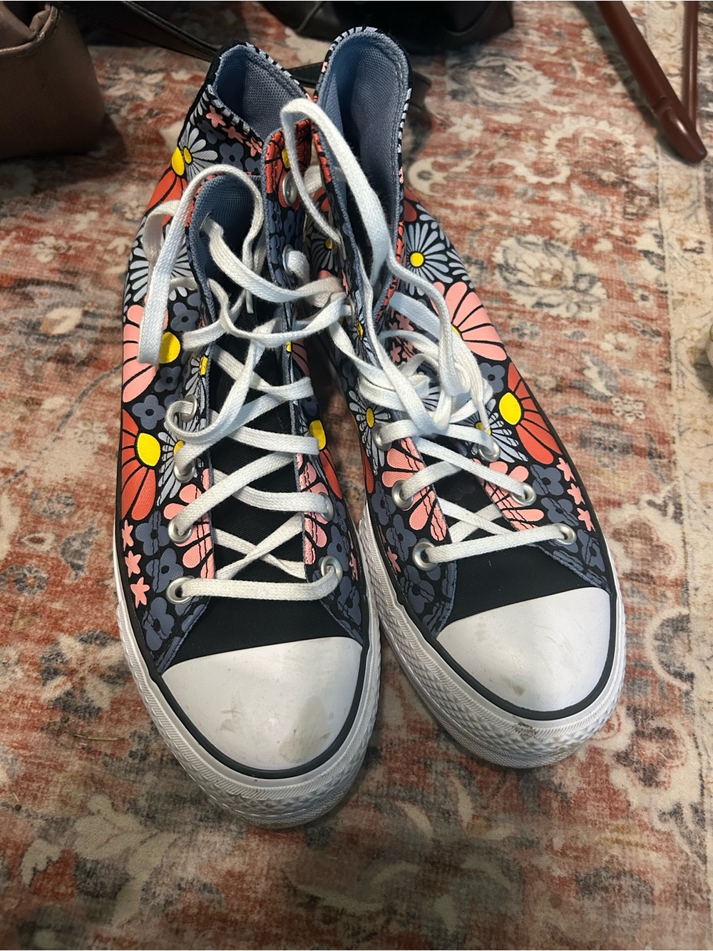 Floral High-Top Canvas Sneakers - Navy, Pink & Yellow Converse